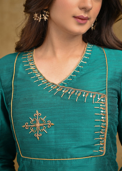 Teal Cotton Silk Top with Delicate Work on Yoke