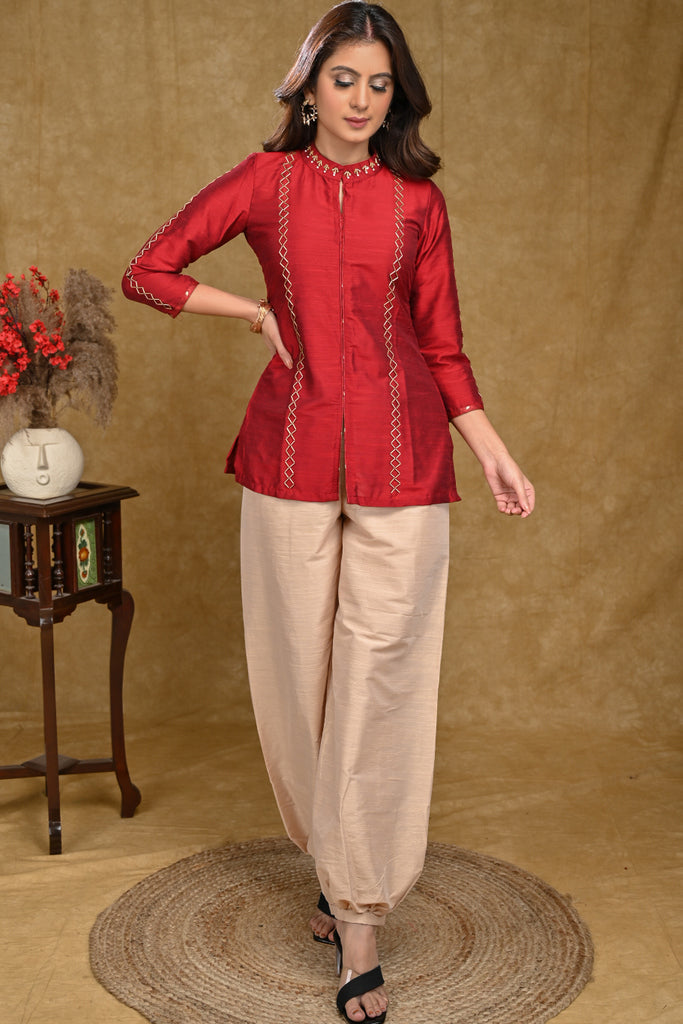 Maroon Cotton Silk Chinese Collar Top with Delicate Handwork