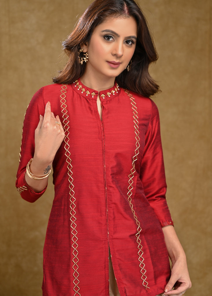 Maroon Cotton Silk Chinese Collar Top with Delicate Handwork