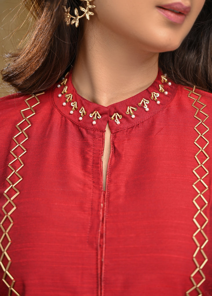 Maroon Cotton Silk Chinese Collar Top with Delicate Handwork