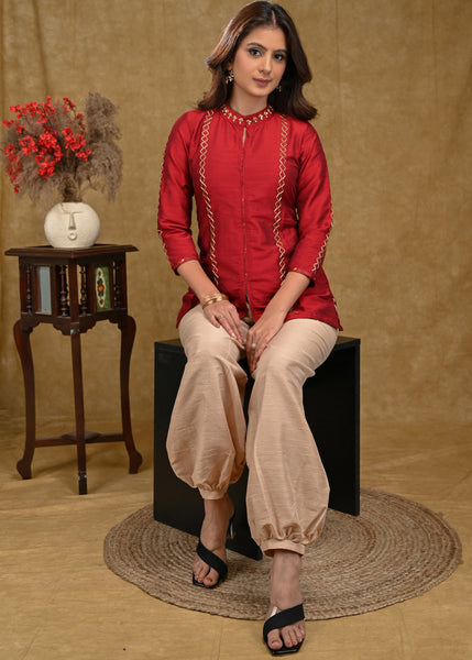 Maroon Cotton Silk Chinese Collar Top with Delicate Handwork