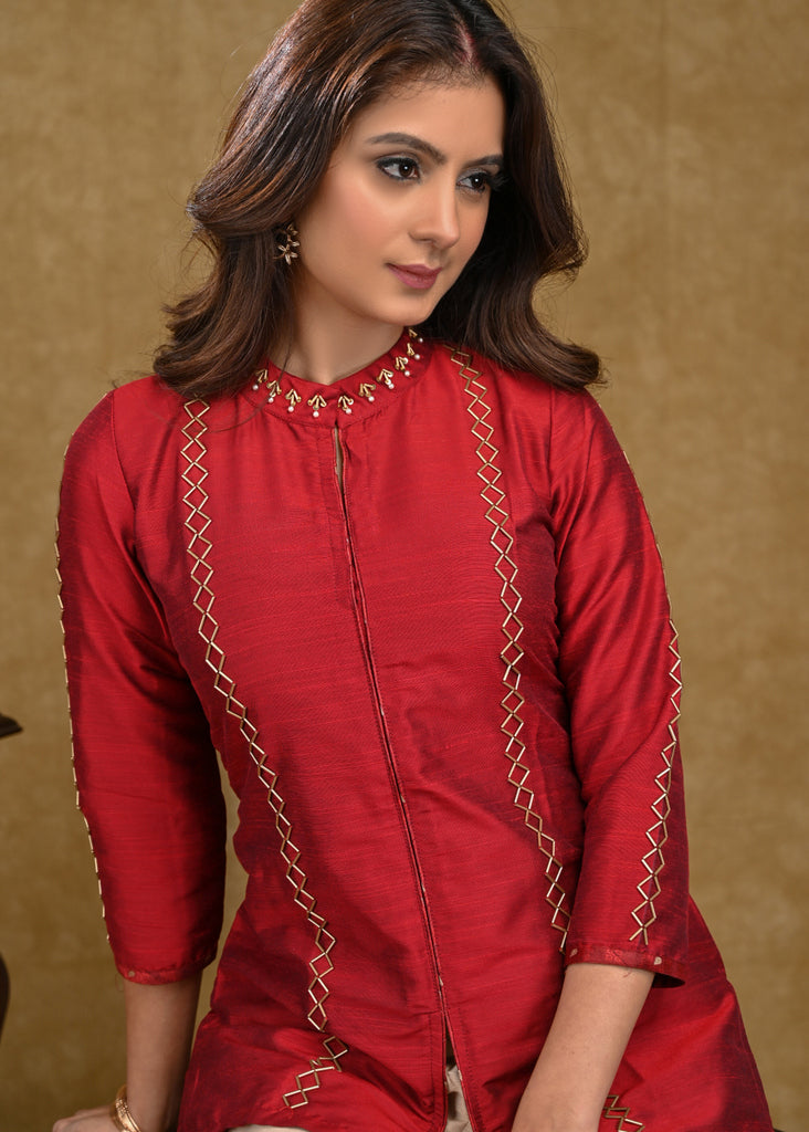 Maroon Cotton Silk Chinese Collar Top with Delicate Handwork