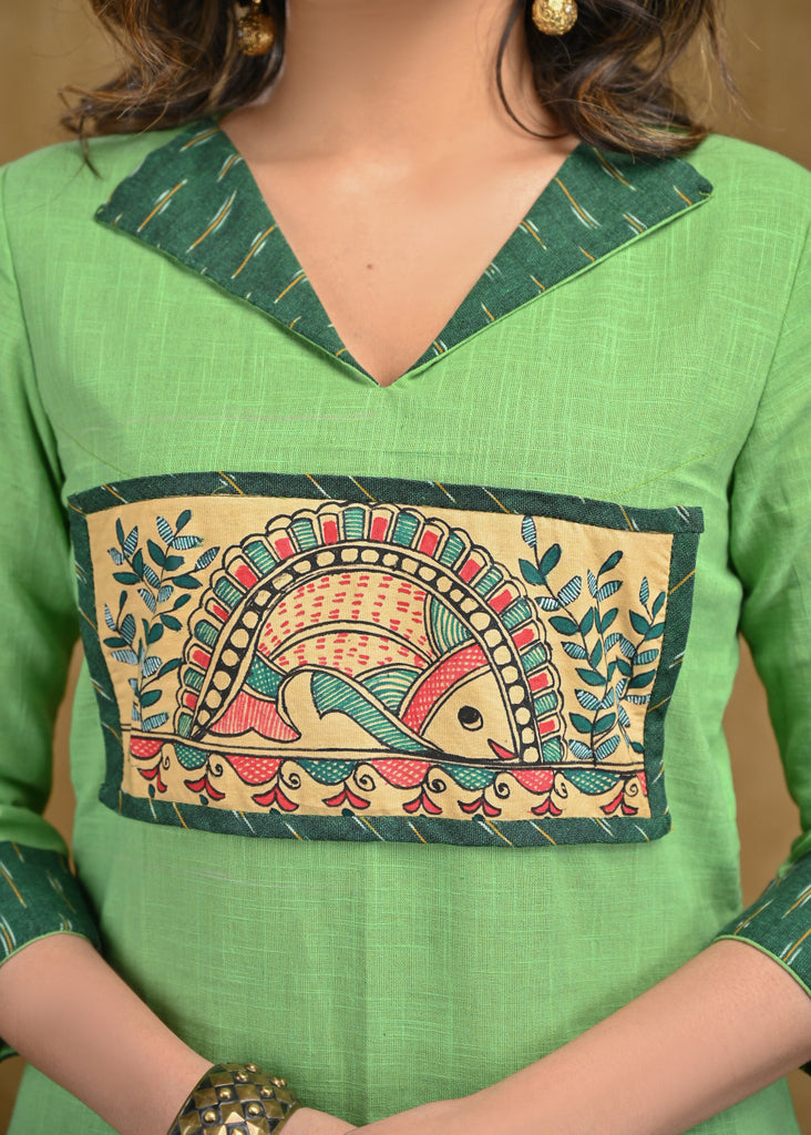 Pista Green Cotton Top with Green Ajrakh Collar and Exclusive Madhubani Painting