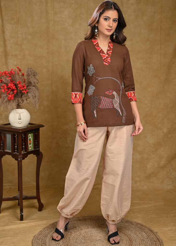 Brown Cotton Top with Beautiful Gond Painting and Red Ikaat Neckline
