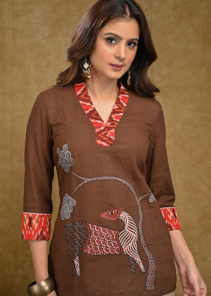 Brown Cotton Top with Beautiful Gond Painting and Red Ikaat Neckline