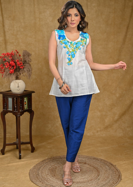 Sleeveless White Cotton Silk Hand painted Top with Moti work