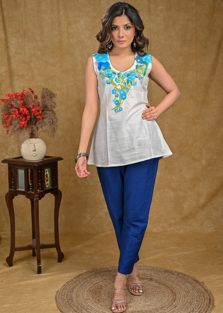 Sleeveless White Cotton Silk Hand painted Top with Moti work