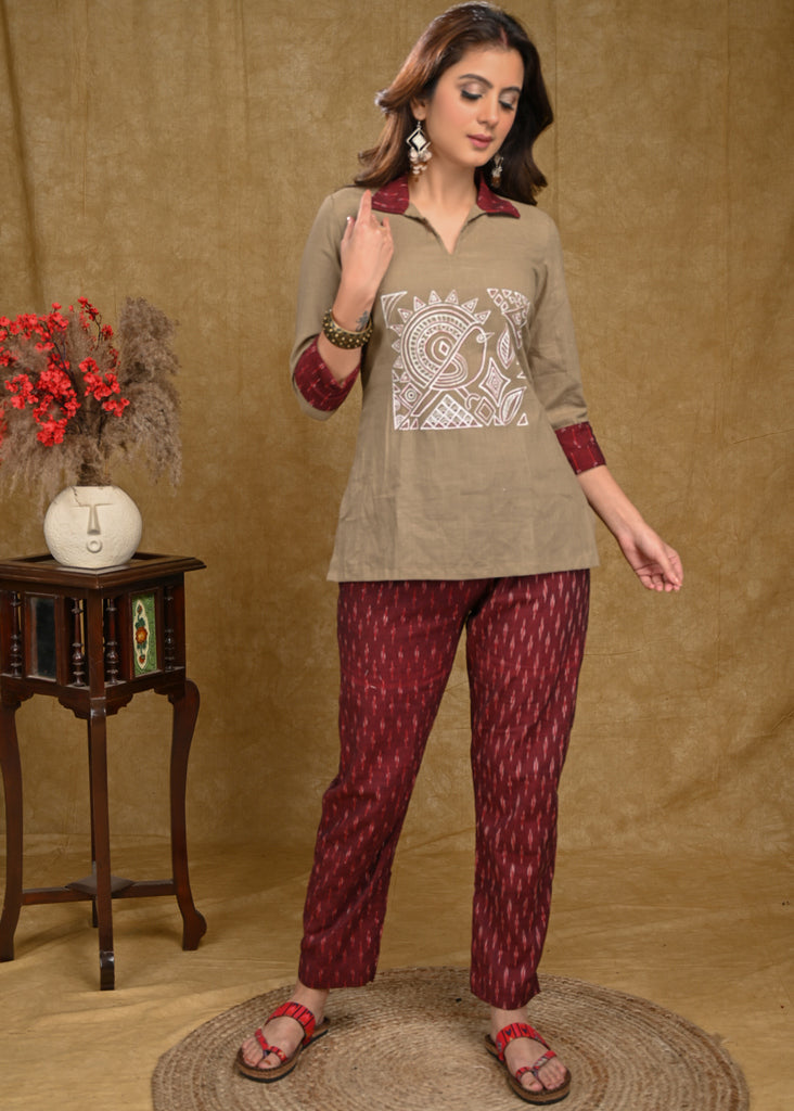 Beige Cotton Top with Exclusive Gond Painting and Maroon Ikaat Collar