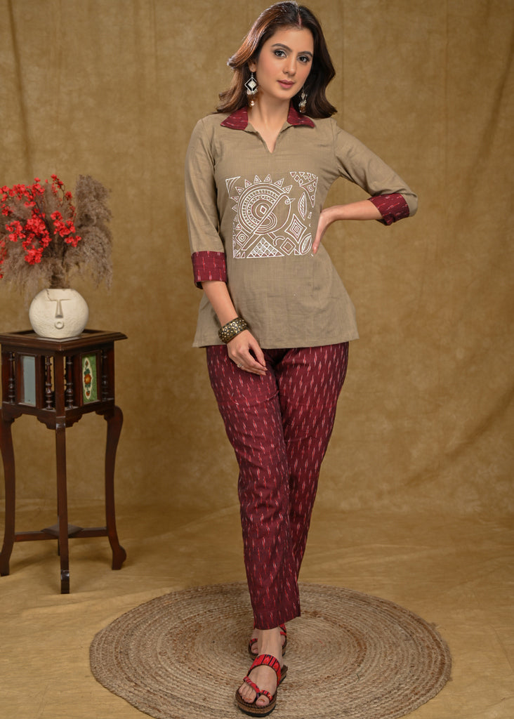 Beige Cotton Top with Exclusive Gond Painting and Maroon Ikaat Collar