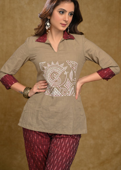 Beige Cotton Top with Exclusive Gond Painting and Maroon Ikaat Collar