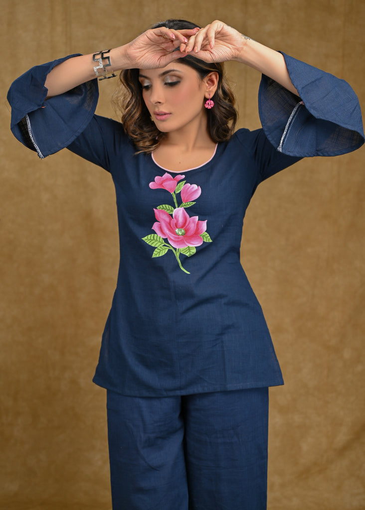Exclusive Blue Cotton Top with Beautiful Handpainted Rose Motif