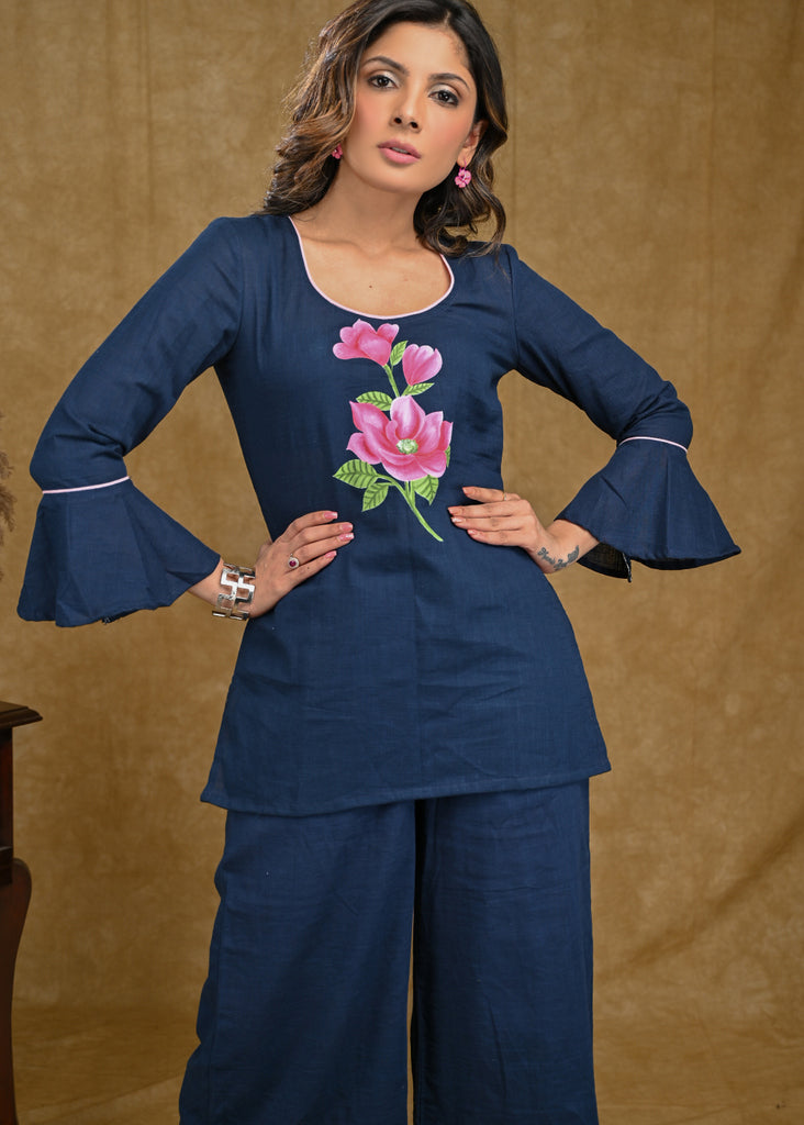 Exclusive Blue Cotton Top with Beautiful Handpainted Rose Motif