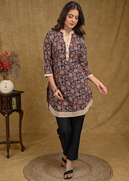 Exclusive Black Floral Cotton Ajrakh with Beige Cotton Borders