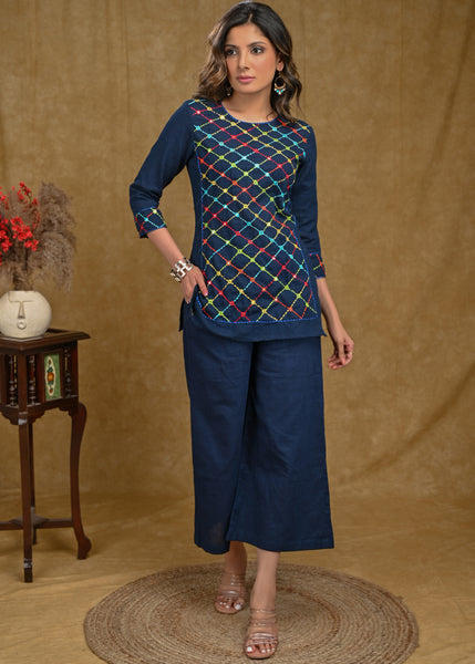 Blue Cotton Top with Beautiful Multicolor Mirrorwork Embroidery