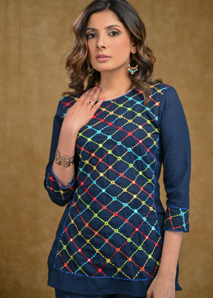 Blue Cotton Top with Beautiful Multicolor Mirrorwork Embroidery