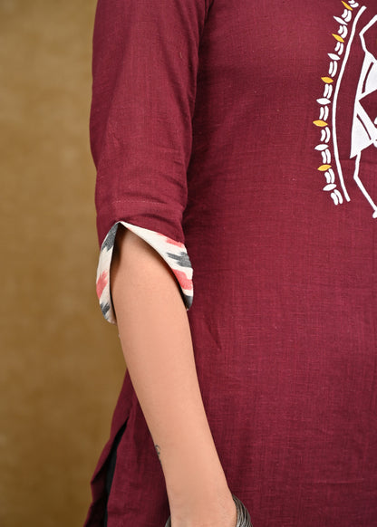 Dussehra Sale — Classy Warli Hand paint Cotton Tunic with Turn Up Sleeves
