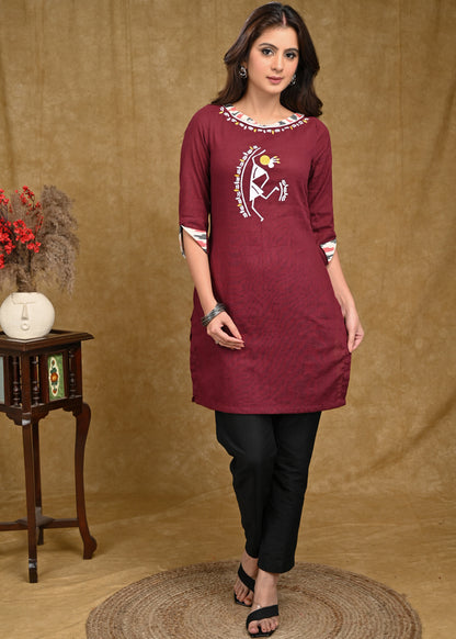 Dussehra Sale — Classy Warli Hand paint Cotton Tunic with Turn Up Sleeves