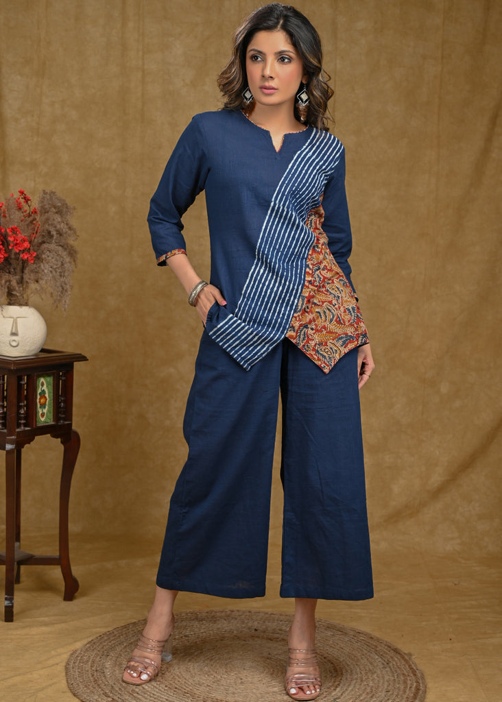 Dussehra Sale — Blue, Indigo with Kalamkari Combination Asymmetric Top