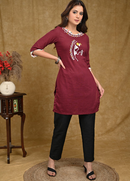 Dussehra Sale — Classy Warli Hand paint Cotton Tunic with Turn Up Sleeves