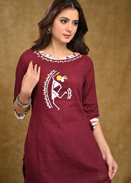 Dussehra Sale — Classy Warli Hand paint Cotton Tunic with Turn Up Sleeves
