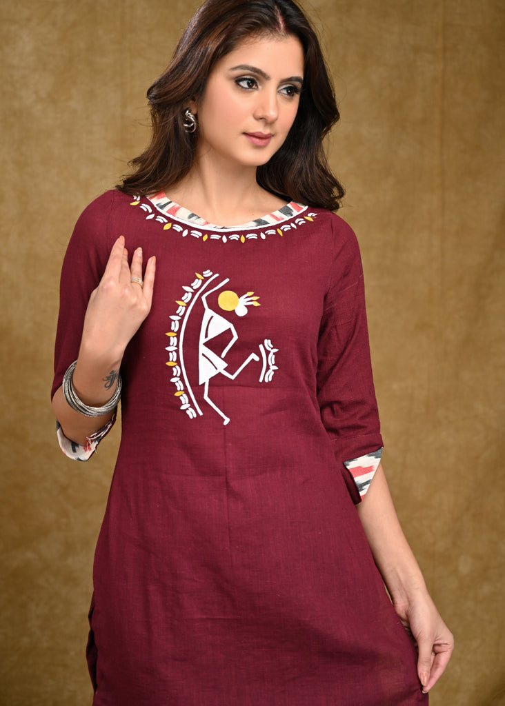 Classy Warli Hand paint Cotton Tunic with Turn Up Sleeves