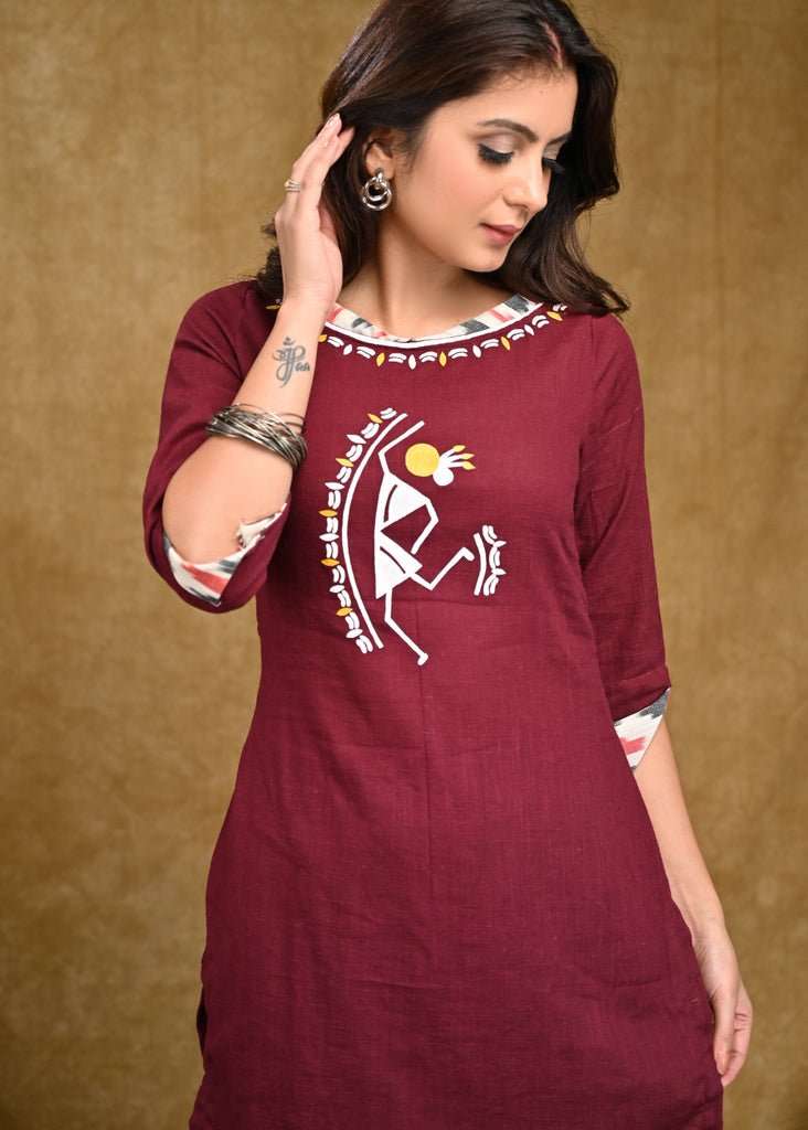warli painting designs dress This handcrafted black rayon dress is adorned with a traditional Warli painting, adding a touch of cultural and artistic flair. The jacket is optional, allowing for versatility in styling. Made with high-quality