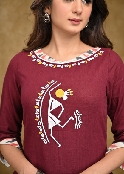 Dussehra Sale — Classy Warli Hand paint Cotton Tunic with Turn Up Sleeves