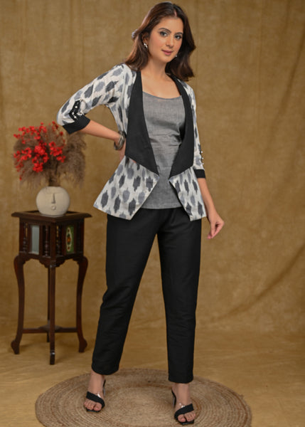 Grey Ikat Front Open Jacket with Grey Inner