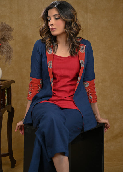 Elegant Blue Cotton Jacket with Ajrakh Collar and Plain Inner