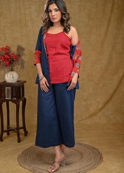 Elegant Blue Cotton Jacket - Inner and Pant optional