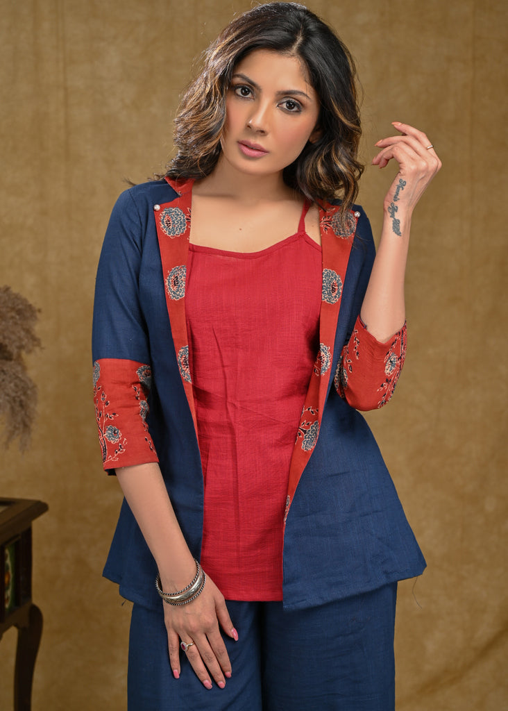 Elegant Blue Cotton Jacket - Inner and Pant optional