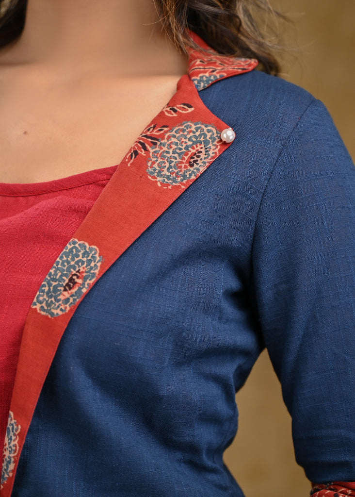 Elegant Blue Cotton Jacket - Inner and Pant optional