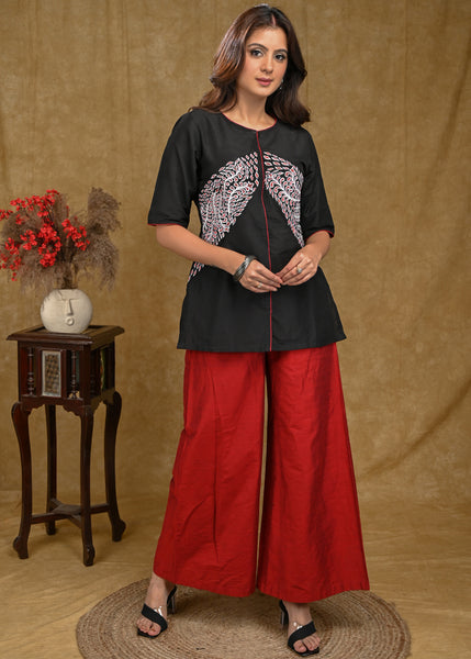 Black Cotton Silk Top with Hand Painted Waist Yoke