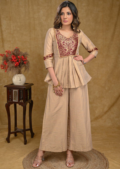 Beige Cotton Silk Top with Banarasi Yoke