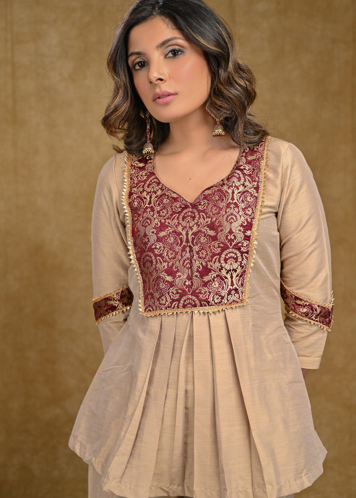 Beige Cotton Silk Top with Banarasi Yoke