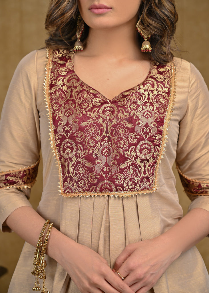 Beige Cotton Silk Top with Banarasi Yoke