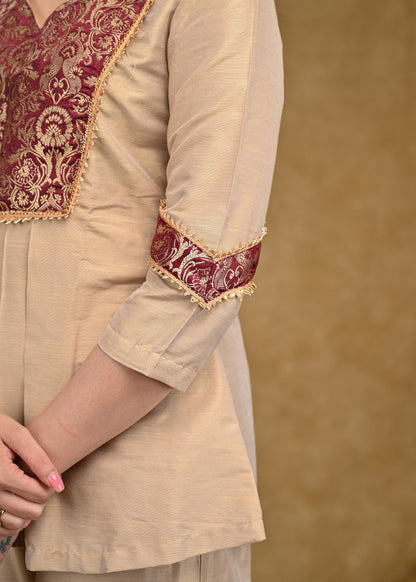 Beige Cotton Silk Top with Banarasi Yoke
