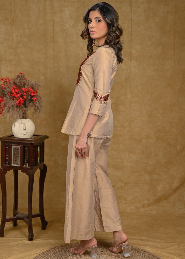 Beige Cotton Silk Top with Banarasi Yoke