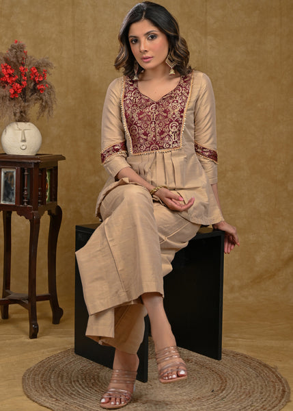 Beige Cotton Silk Top with Banarasi Yoke