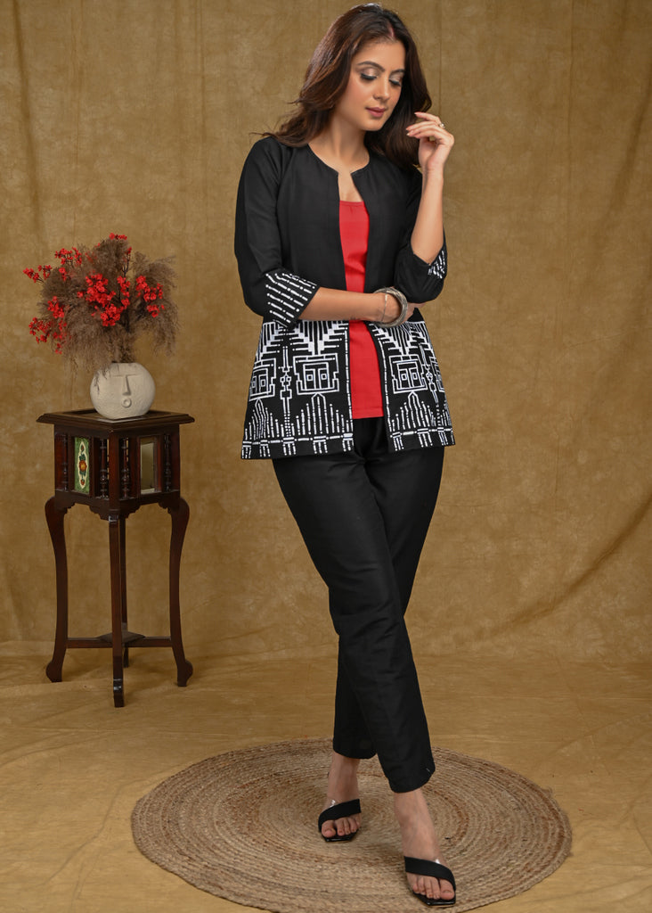 Black Cotton Silk Handpainted Jacket with Classy White Hand painting And Red Inner.