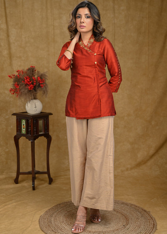 Rust Cotton Silk Top with Delicate Handwork