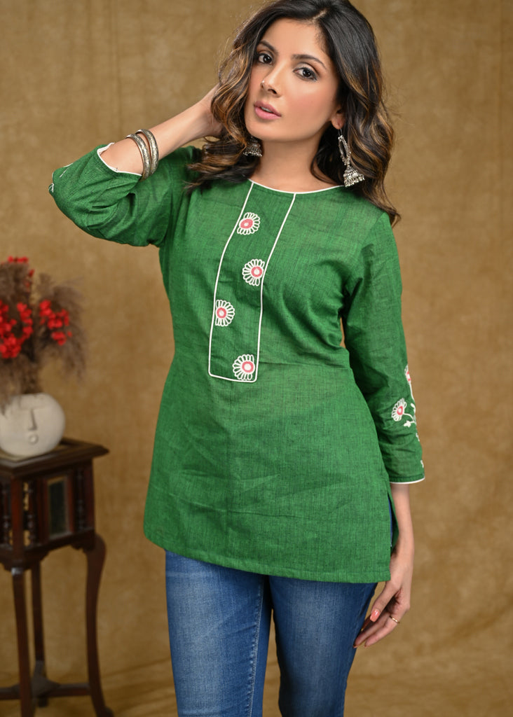 Beautiful green Cotton Top with delicate machine embroidery