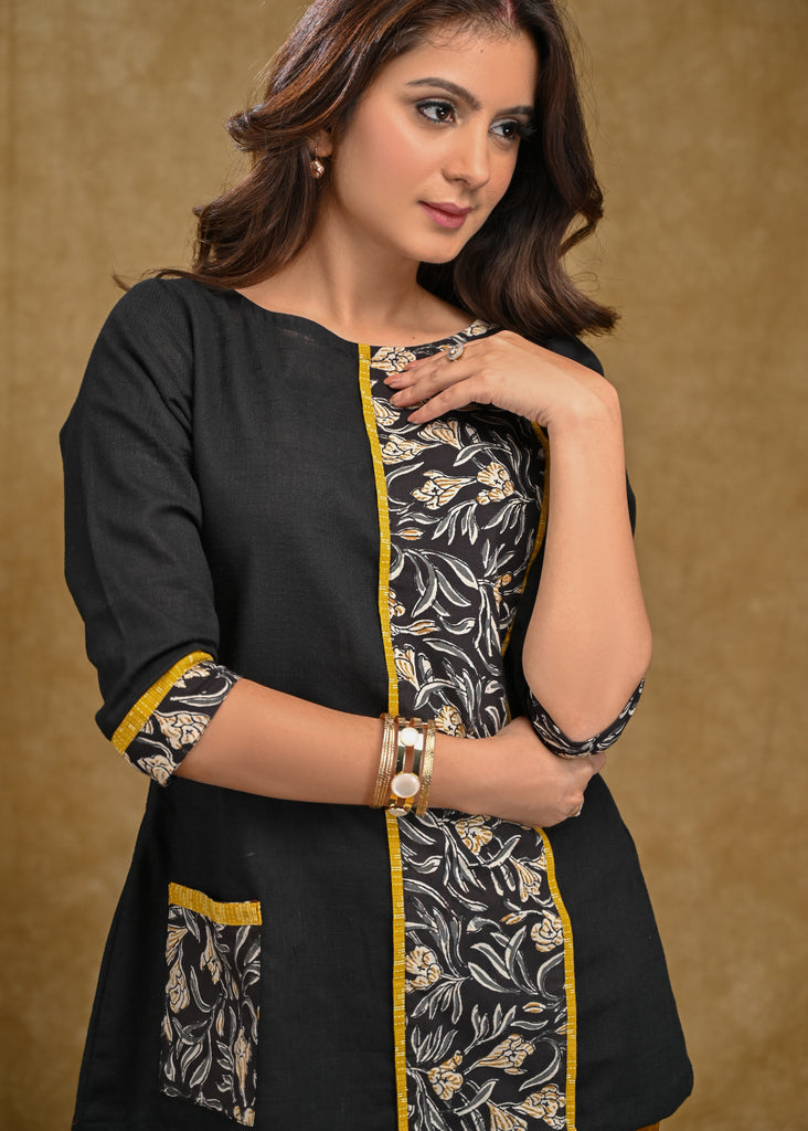 Black Cotton Top with Dabbu Print Pocket Patch and Panel