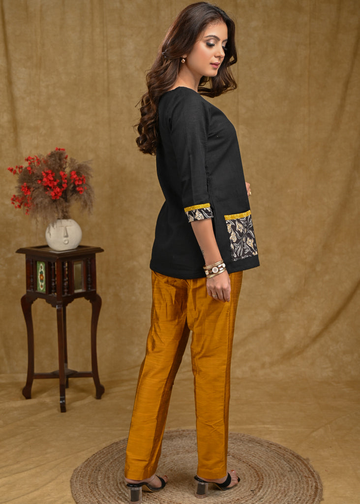 Black Cotton Top with Dabbu Print Pocket Patch and Panel