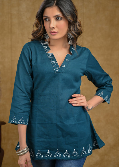 Exclusive Cotton Blue Top with Gond Painting