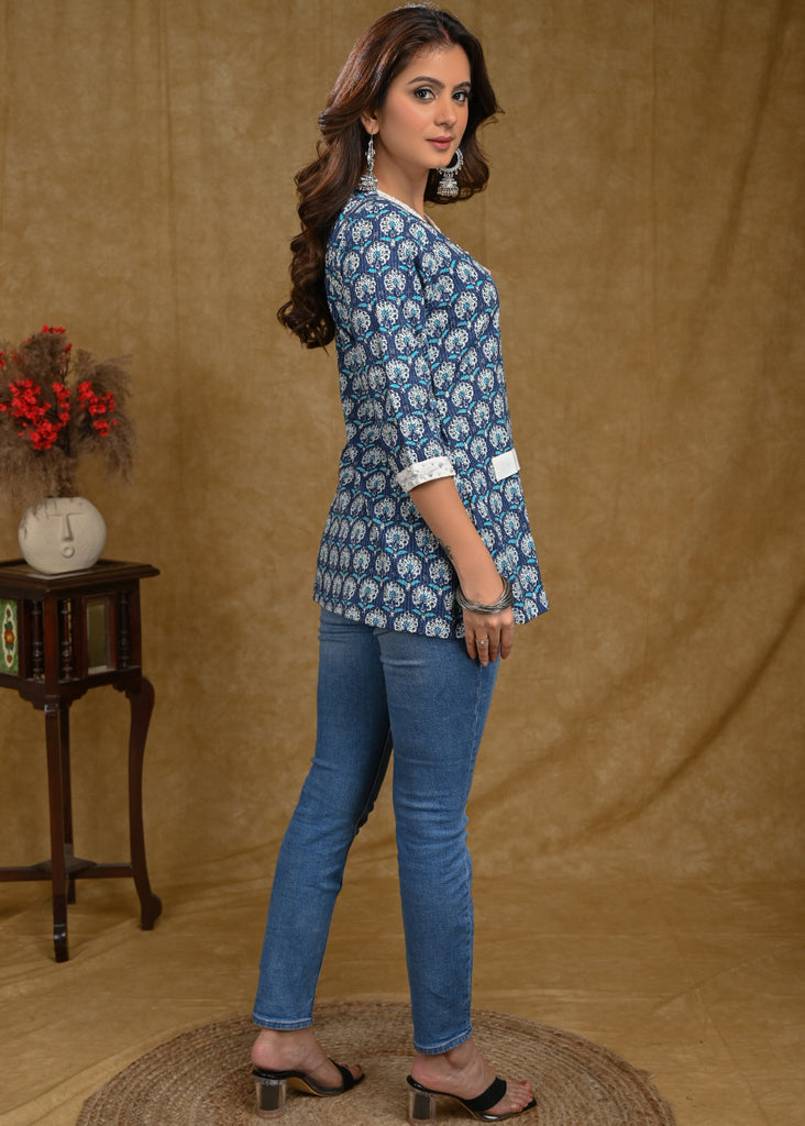 Blue Kantha Cotton Top with Pearl Embroidery