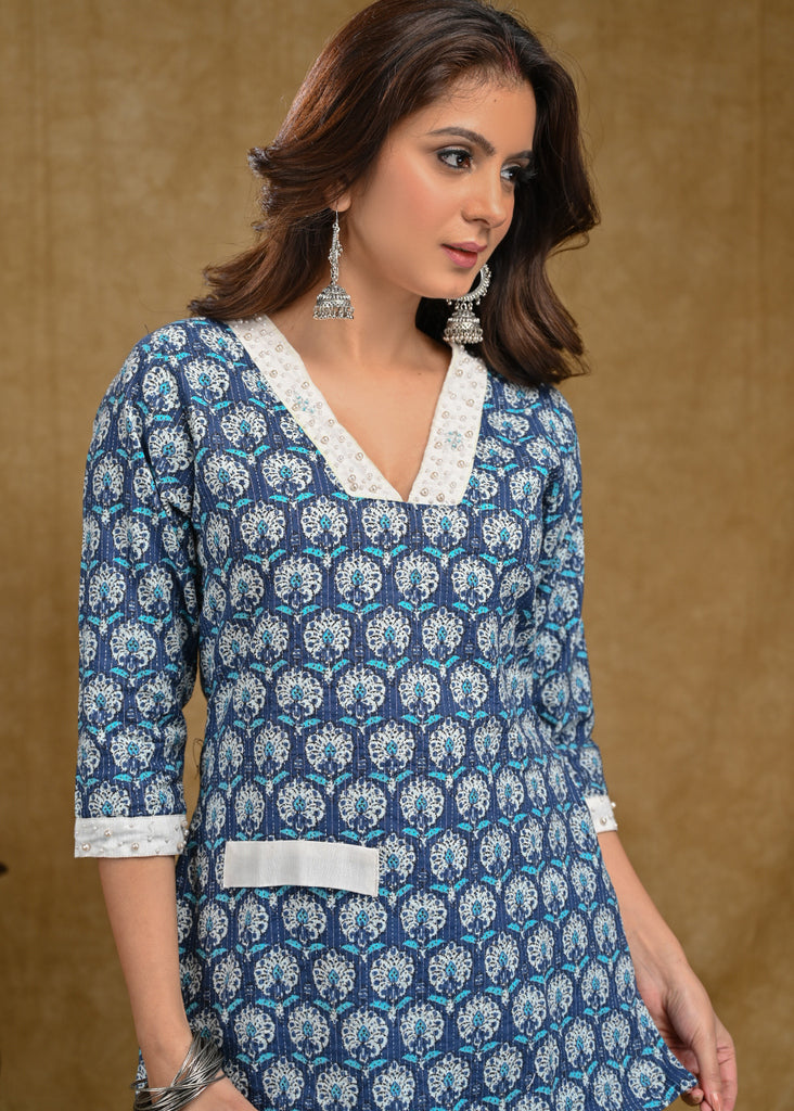 Blue Kantha Cotton Top with Pearl Embroidery