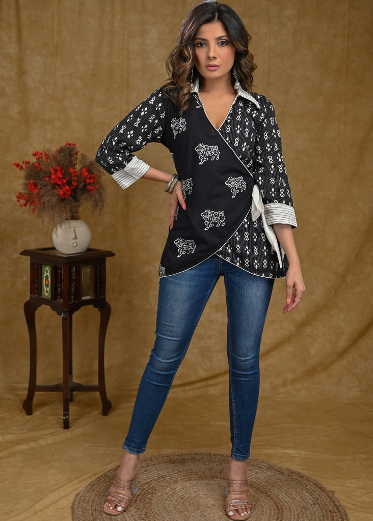 Black Cotton Ajrakh and Kantha Combination Crossover Top
