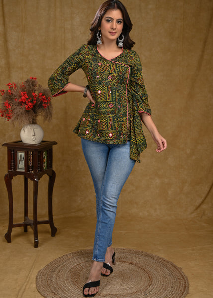 Green Ajrakh Crossover Top with Pink Mirror Work