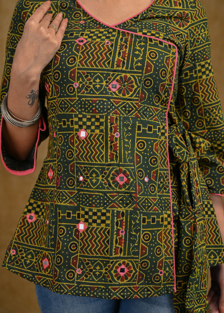Green Ajrakh Crossover Top with Pink Mirror Work